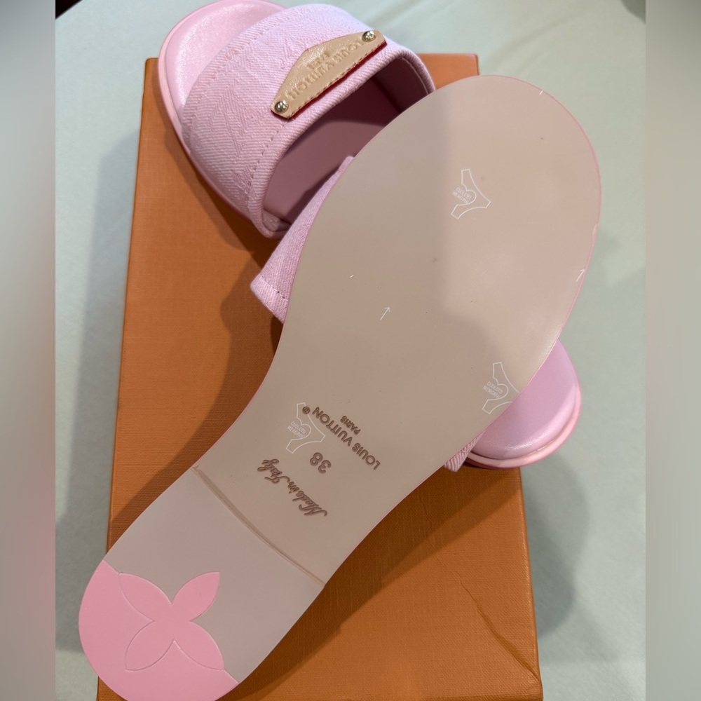 Louis Vuitton Pale Pink Slide Sandals with Gold Plaque
